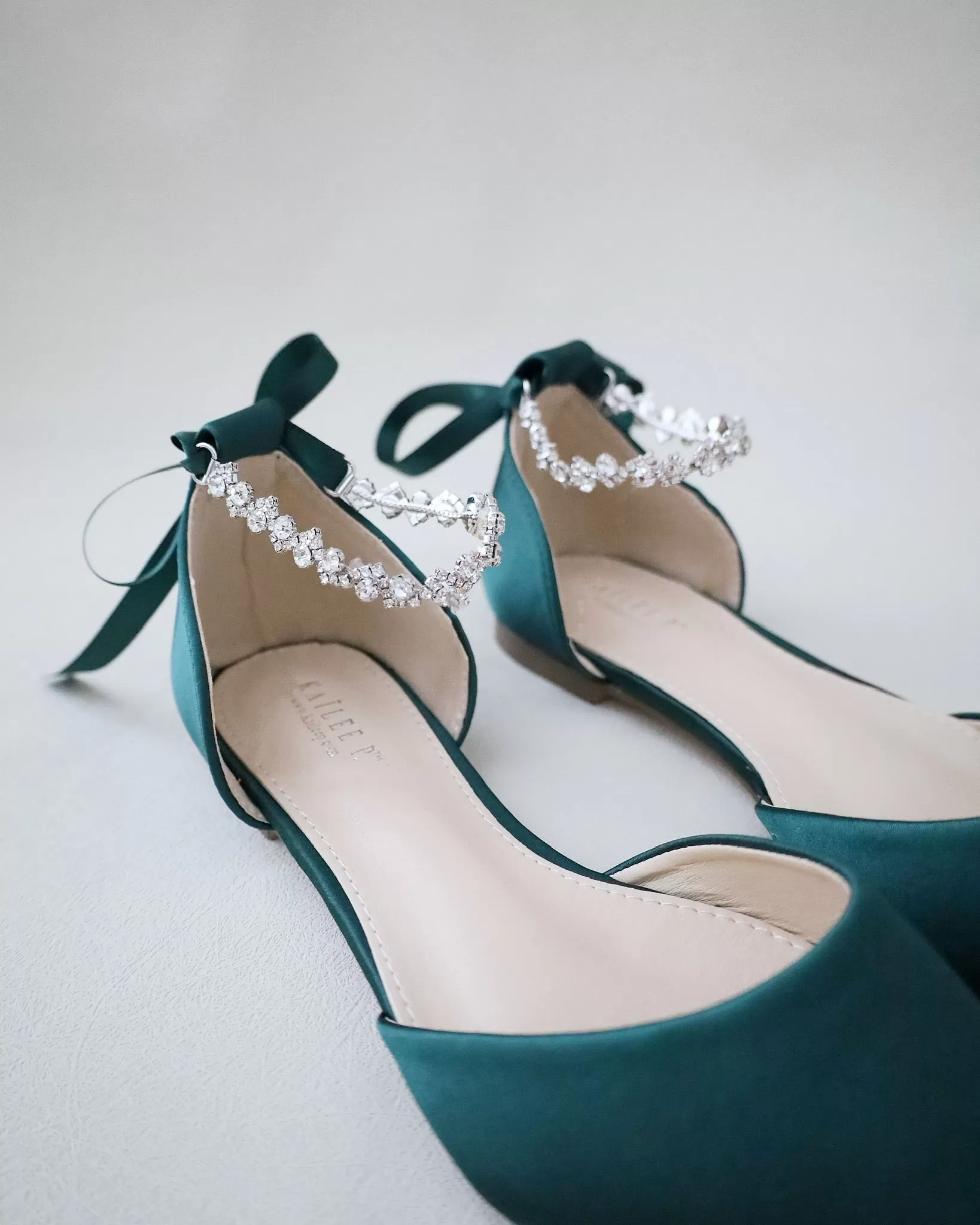 Hunter Green Satin Pointy Toe Evening Flats with Amaryllis Strap