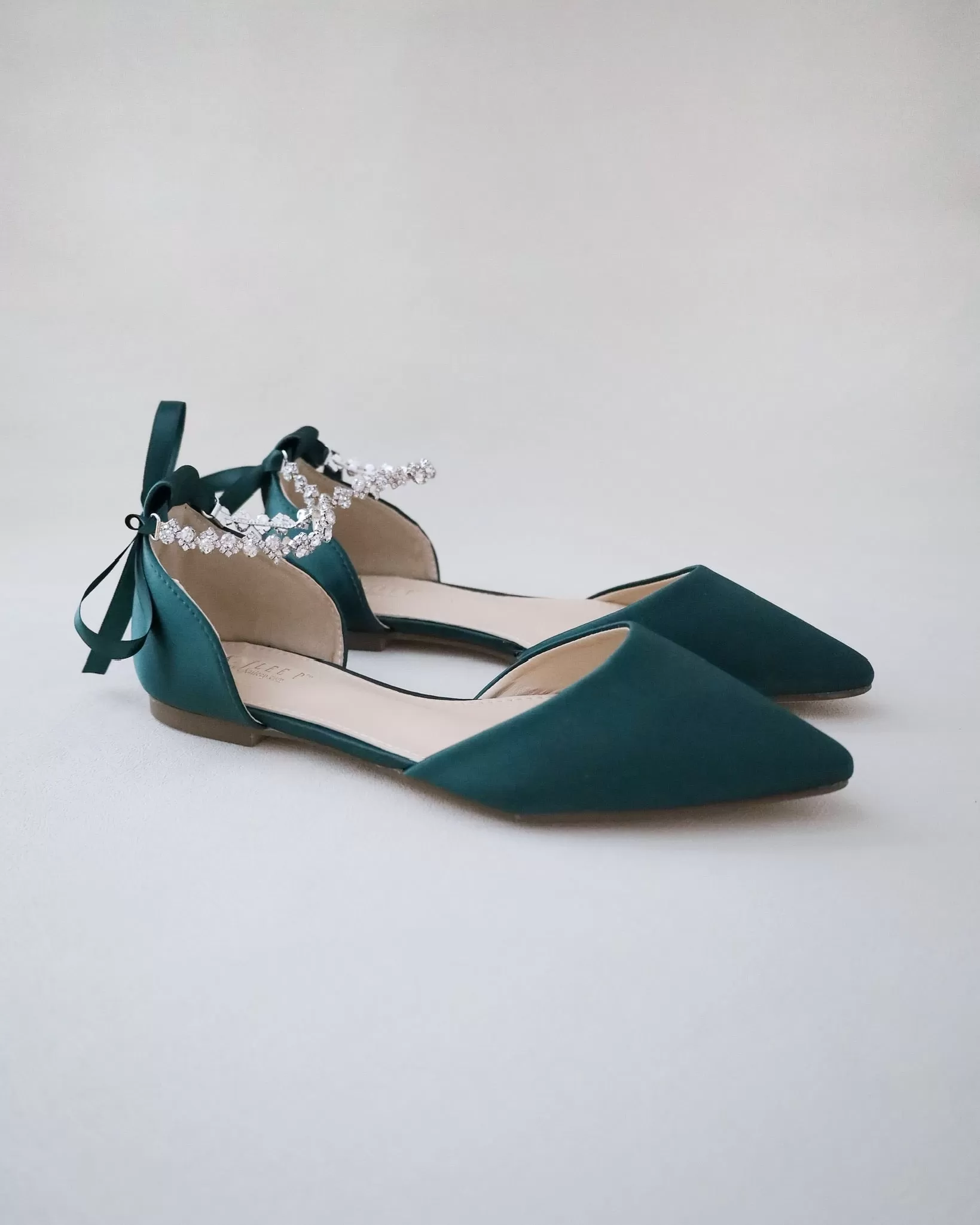 Hunter Green Satin Pointy Toe Evening Flats with Amaryllis Strap