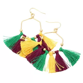 Mardi Gras Open Metal Hexagon Tassel Fringe Dangle Earrings