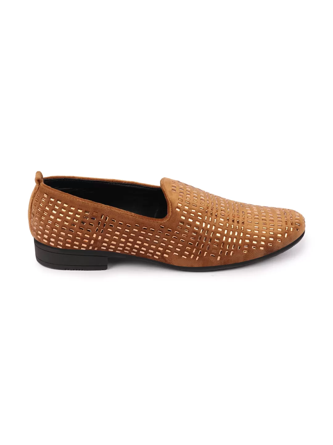 Men Tan Embellished Design Velvet Slip On Party Loafers Shoes