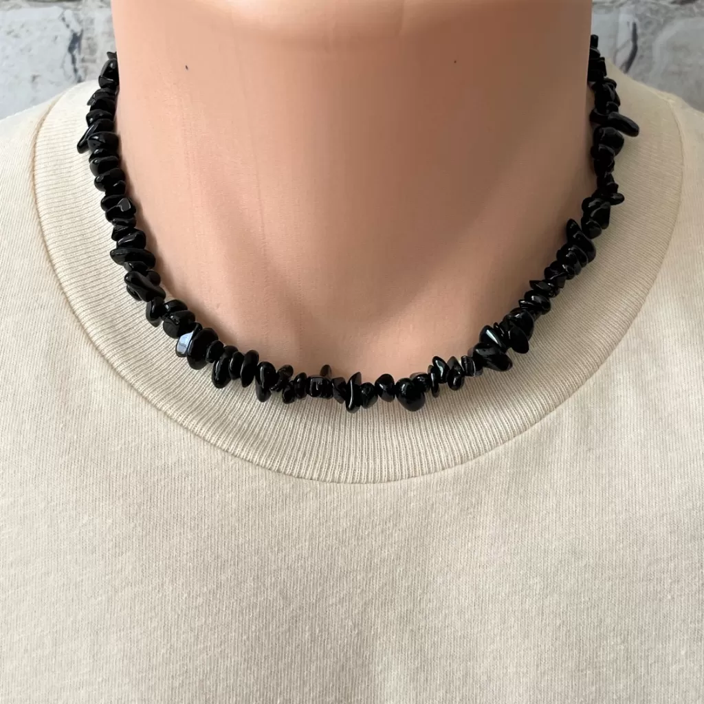 Mens Black Onyx Chip Beaded Necklace