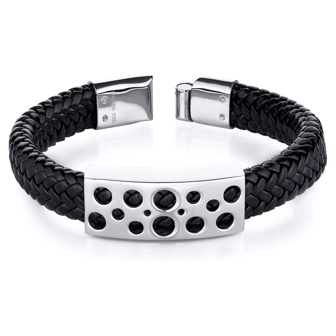 Mens Circle Motif Stainless Steel Black Woven Bracelet