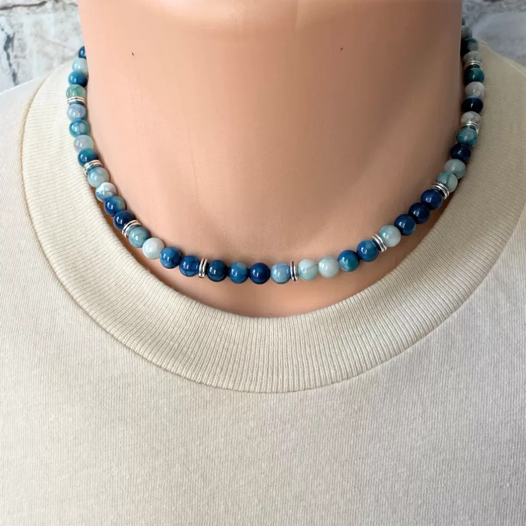 Mens Cobalt Blue Fire Agate Beaded Necklace