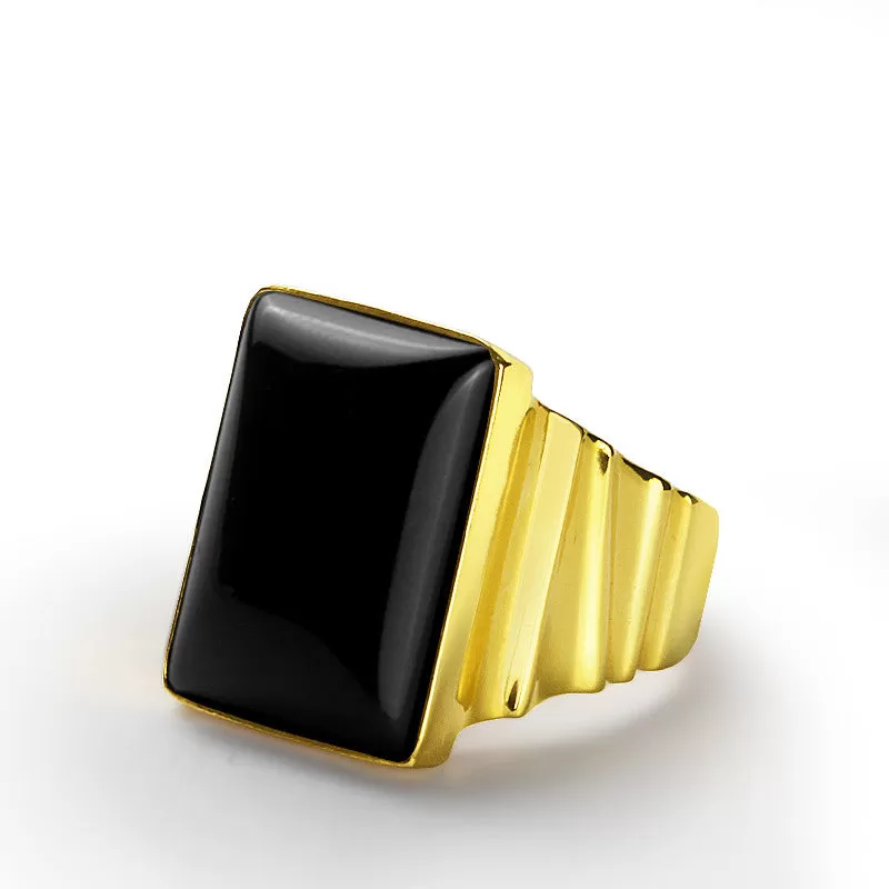 Men's Ring with Natural Black Onyx Gemstone in 14k Yellow Gold