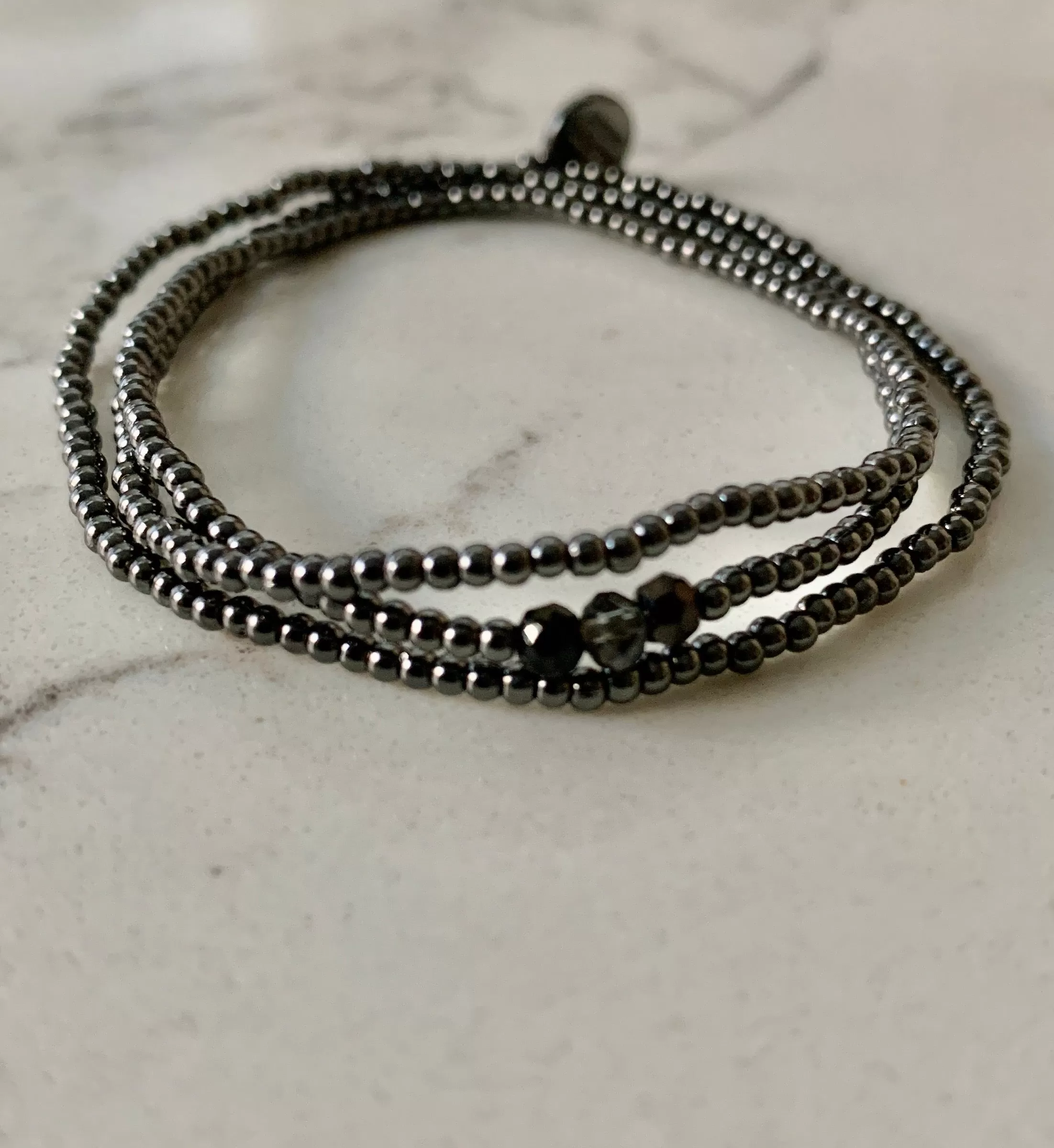 Metal Beaded 3 Crystal Stretch Bracelet-Hematite