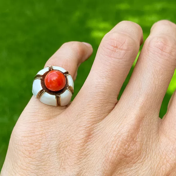 Mid Century Coral & Enamel Ring