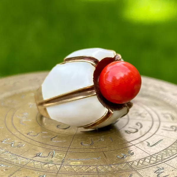 Mid Century Coral & Enamel Ring