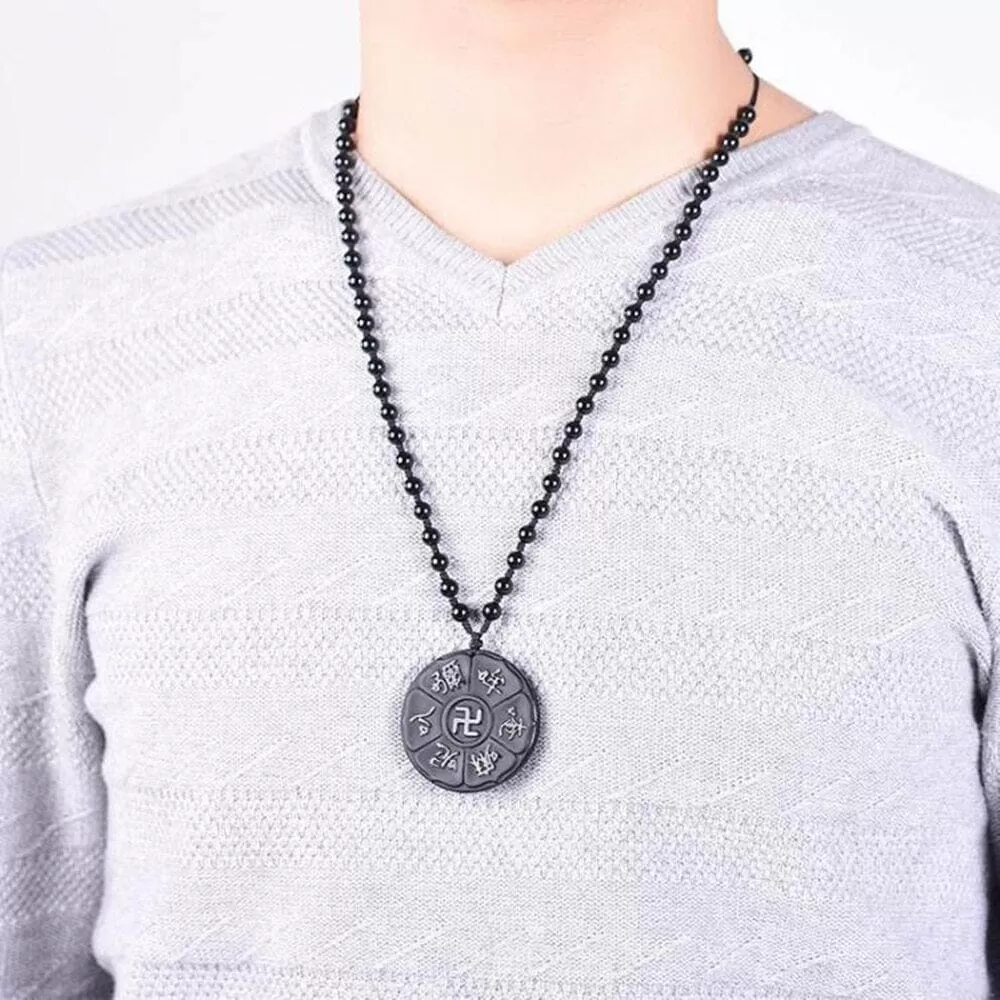 Natural Obsidian Religious Six-Character Mantra Necklace