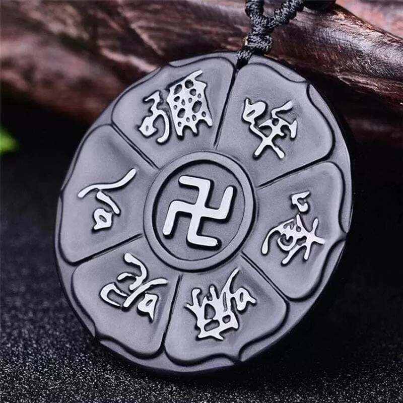 Natural Obsidian Religious Six-Character Mantra Necklace