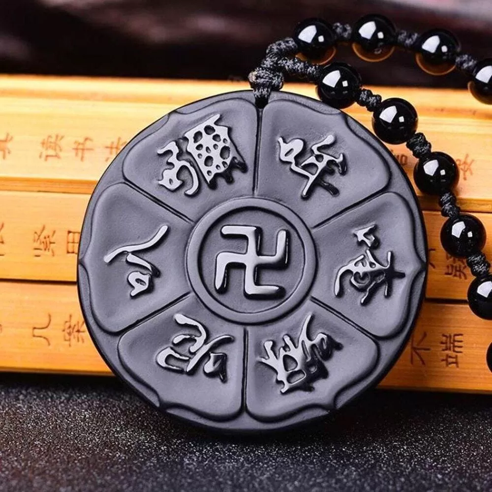 Natural Obsidian Religious Six-Character Mantra Necklace