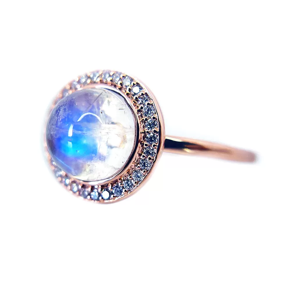 Natural Rainbow Moonstone & Diamond Halo Ring