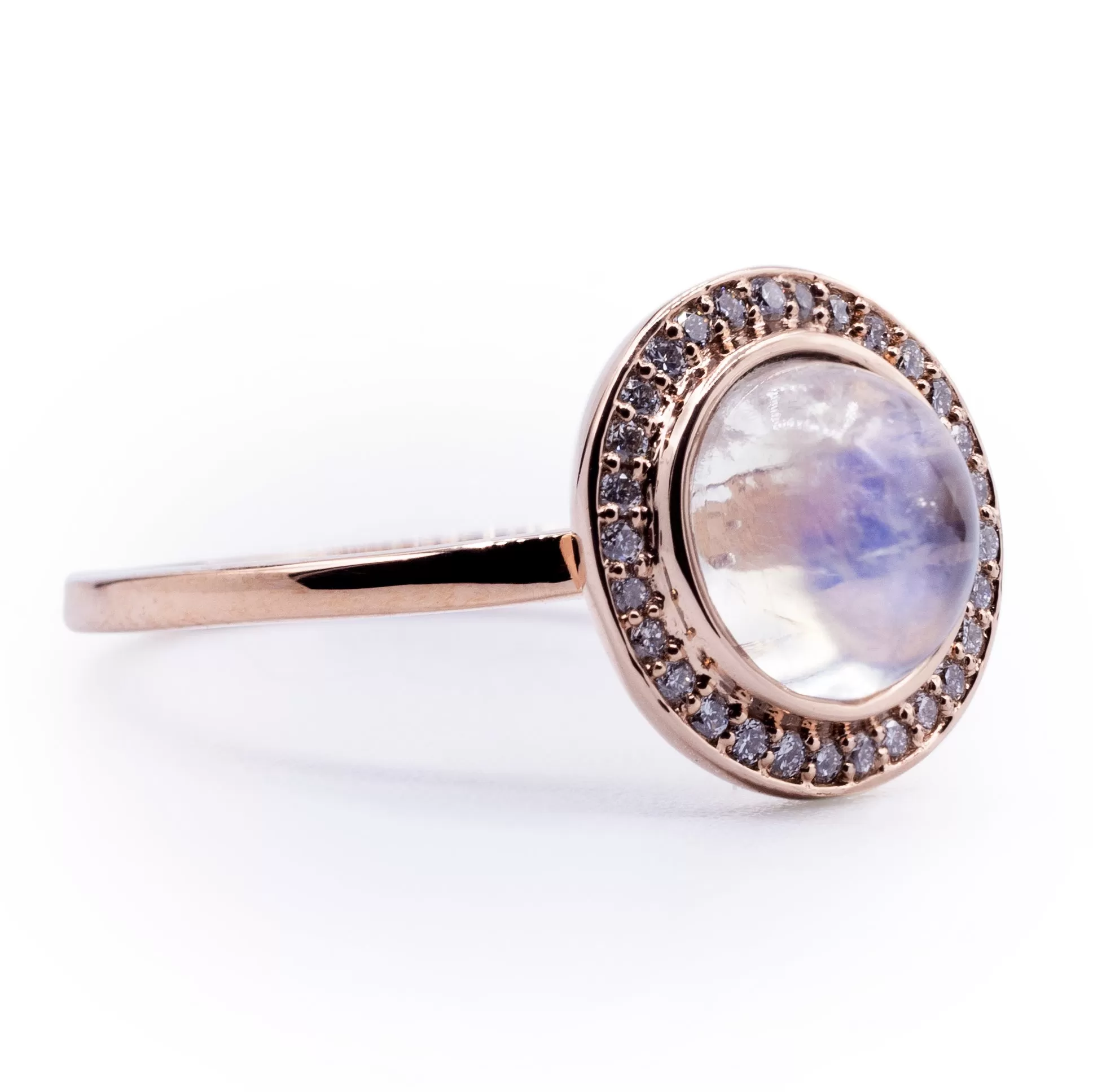 Natural Rainbow Moonstone & Diamond Halo Ring