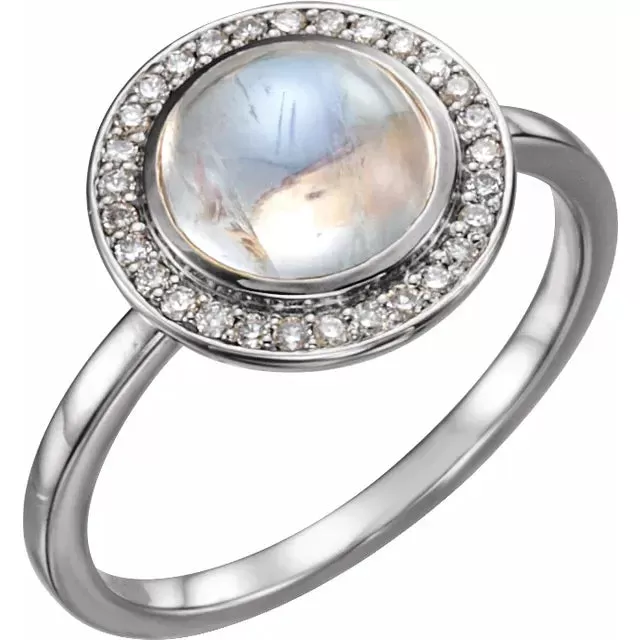 Natural Rainbow Moonstone & Diamond Halo Ring