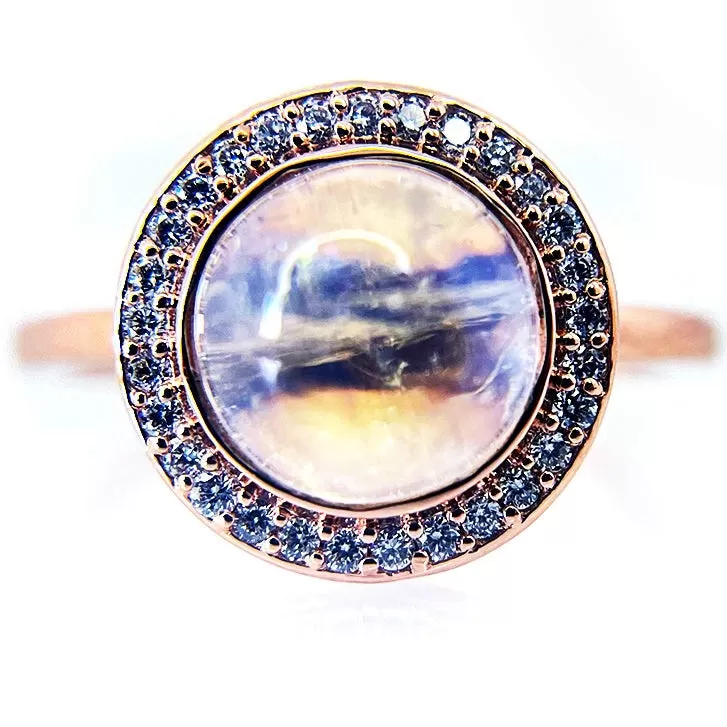 Natural Rainbow Moonstone & Diamond Halo Ring