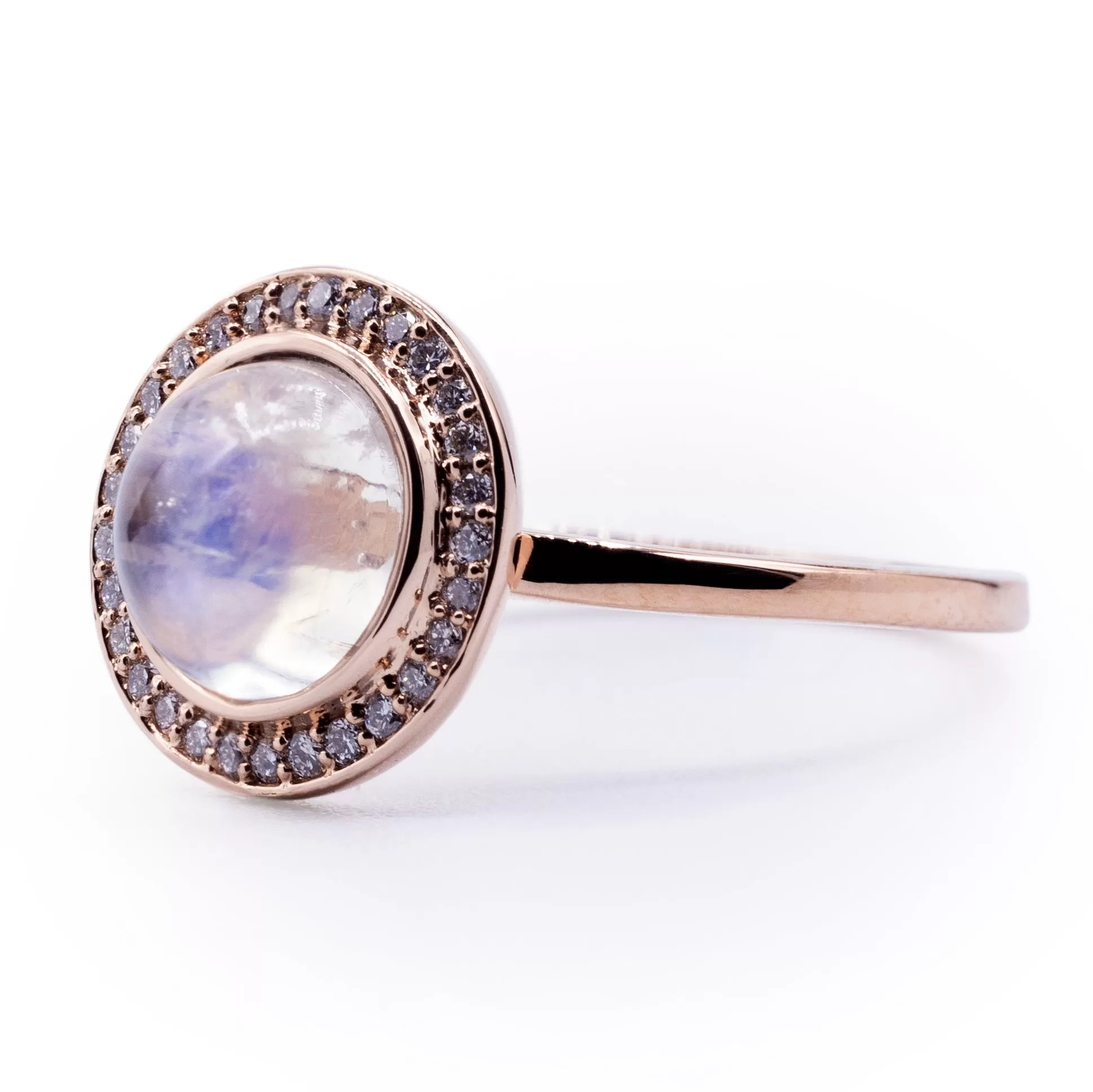 Natural Rainbow Moonstone & Diamond Halo Ring