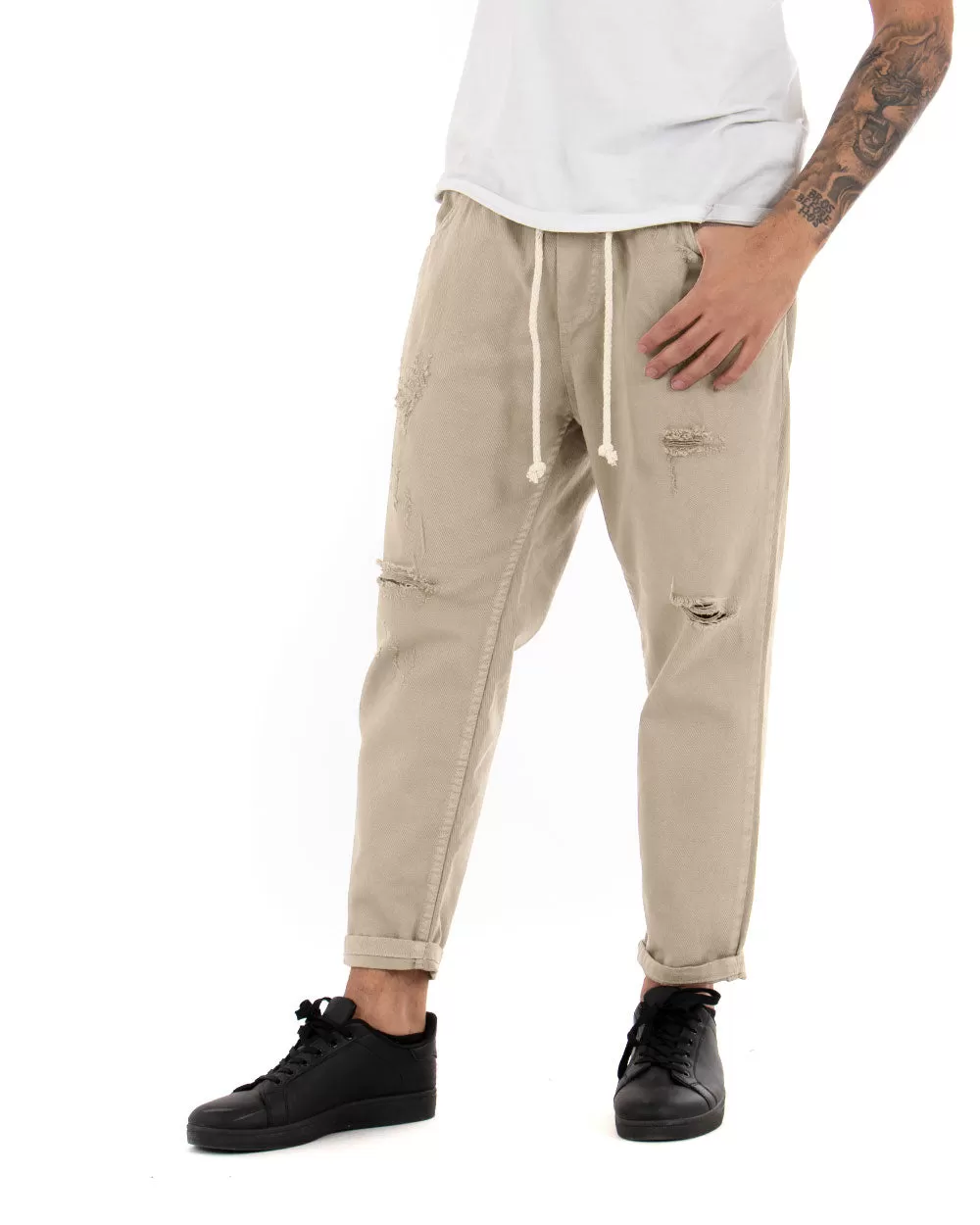 Pantaloni Jeans Uomo Regular Fit Beige Pantalaccio Bull Con Rotture Casual GIOSAL-P4096A