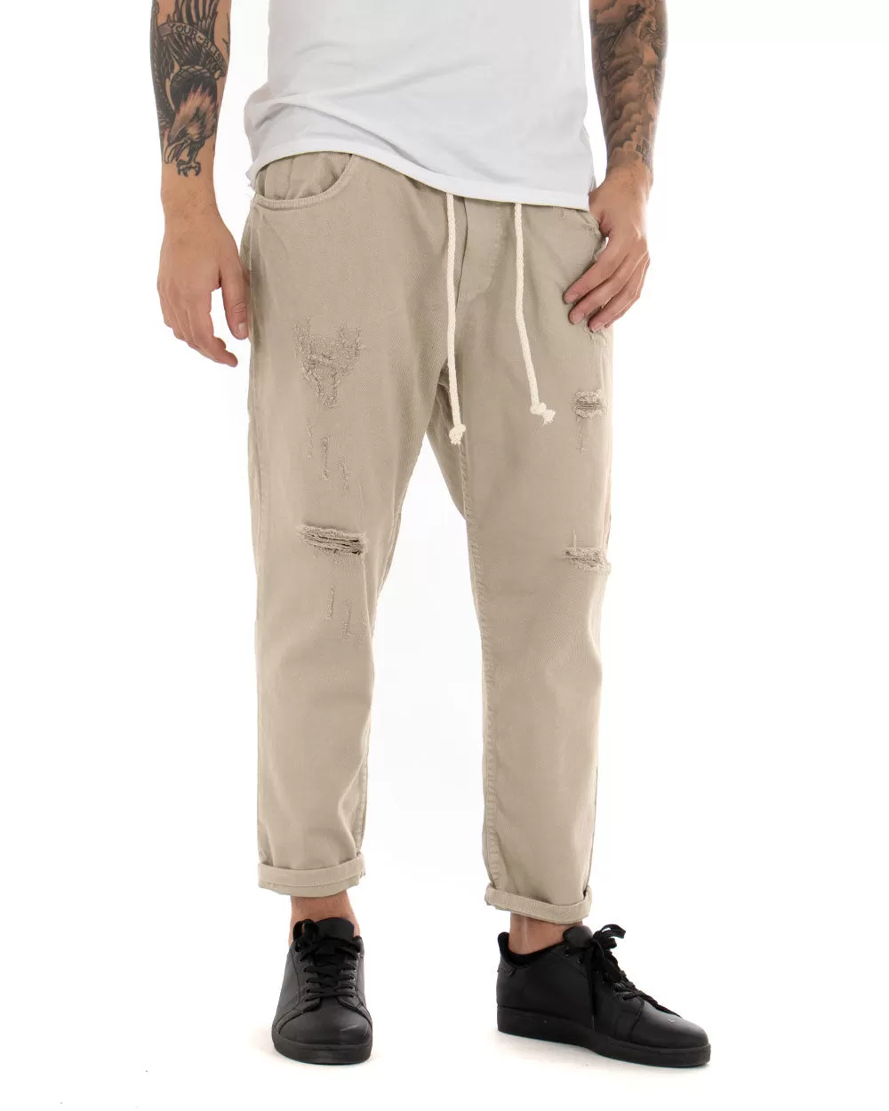 Pantaloni Jeans Uomo Regular Fit Beige Pantalaccio Bull Con Rotture Casual GIOSAL-P4096A