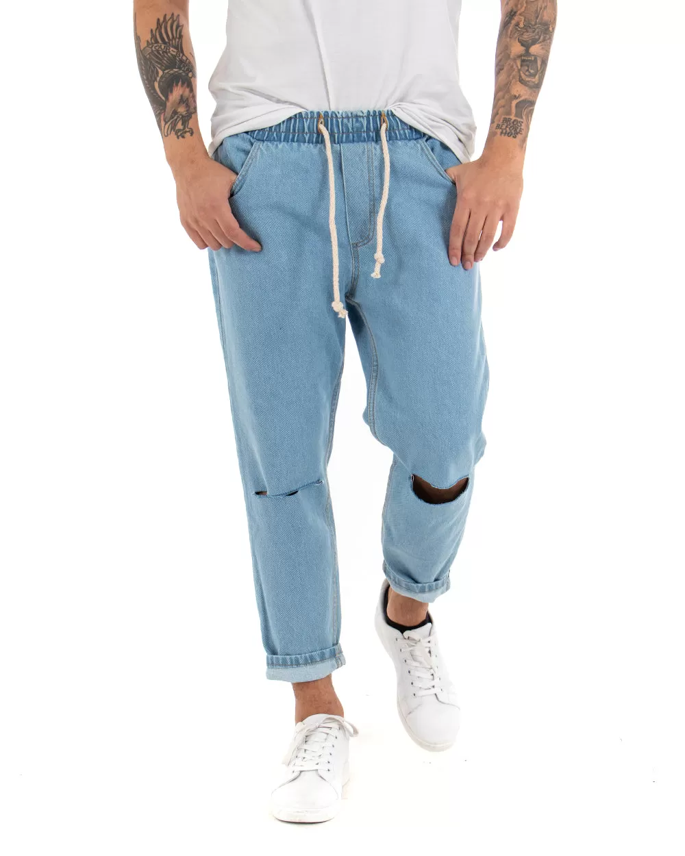 Pantaloni Uomo Jeans Denim Chiaro Rotture Loose Fit Pantalaccio Taglio Al Ginocchio GIOSAL-P4079A