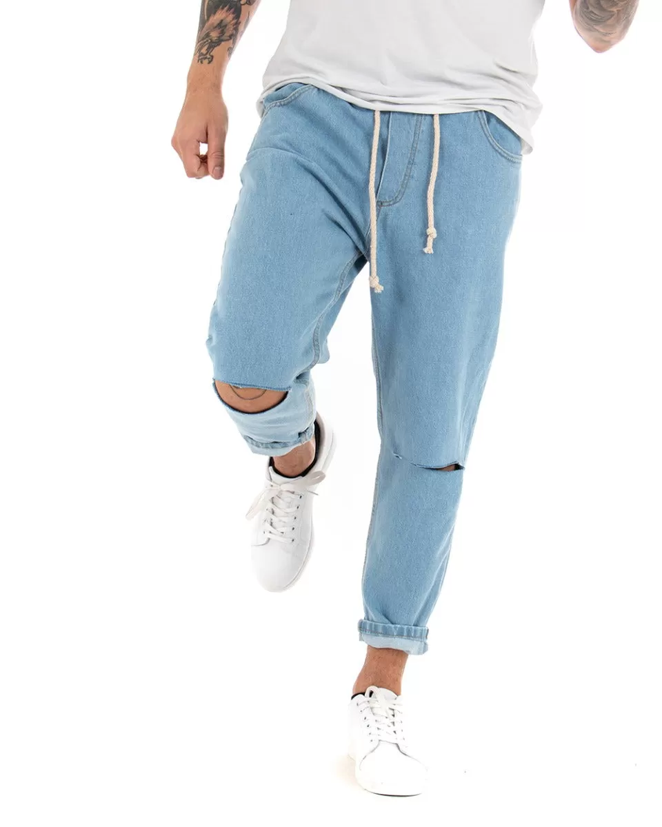 Pantaloni Uomo Jeans Denim Chiaro Rotture Loose Fit Pantalaccio Taglio Al Ginocchio GIOSAL-P4079A