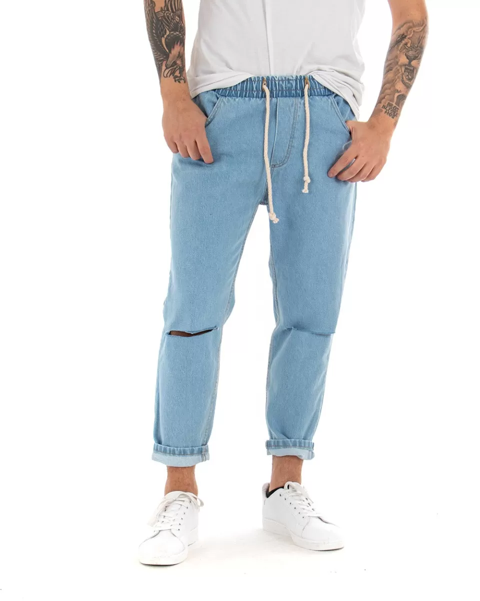 Pantaloni Uomo Jeans Denim Chiaro Rotture Loose Fit Pantalaccio Taglio Al Ginocchio GIOSAL-P4079A