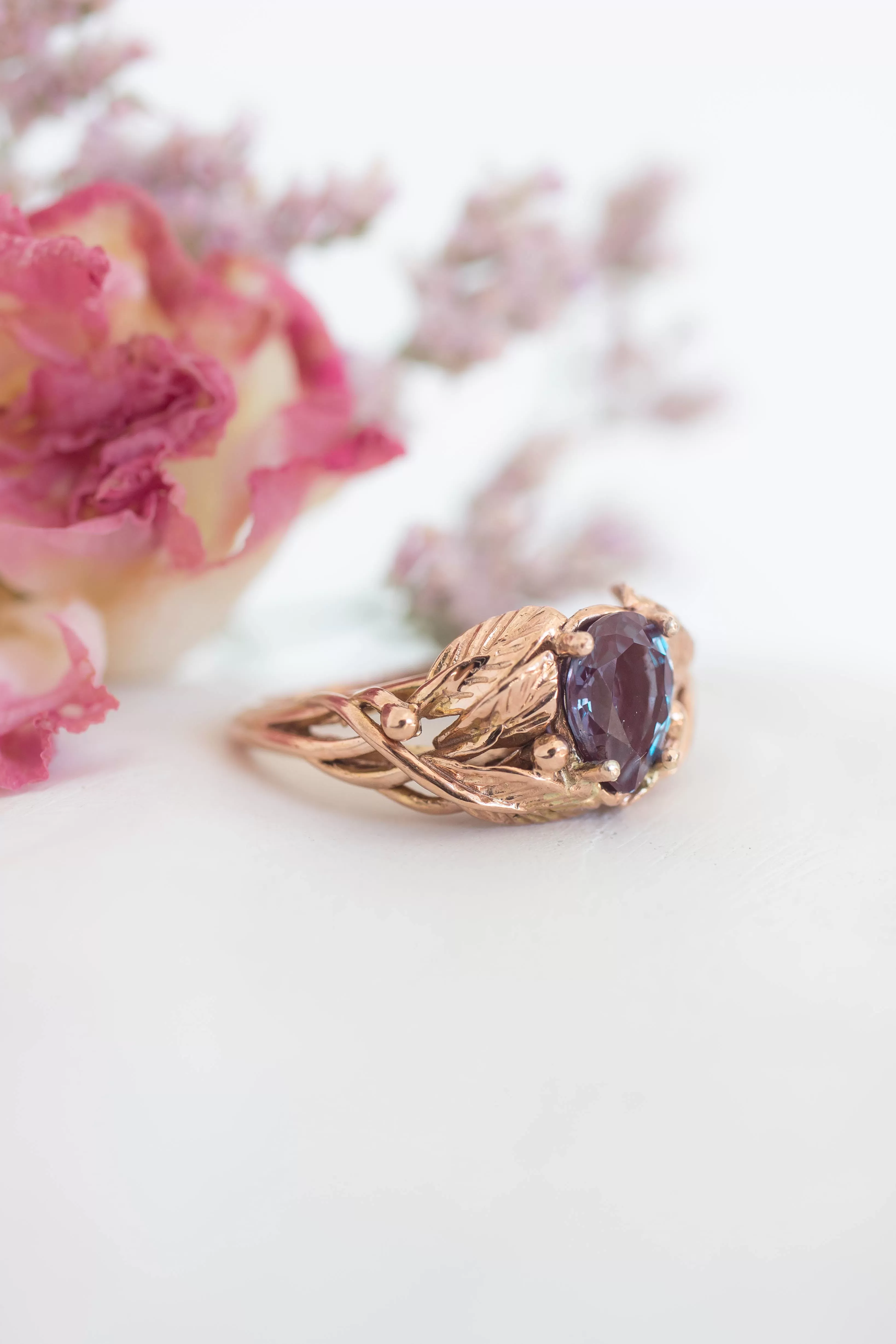 Pear cut Alexandrite engagement ring, leaves ring / Viola