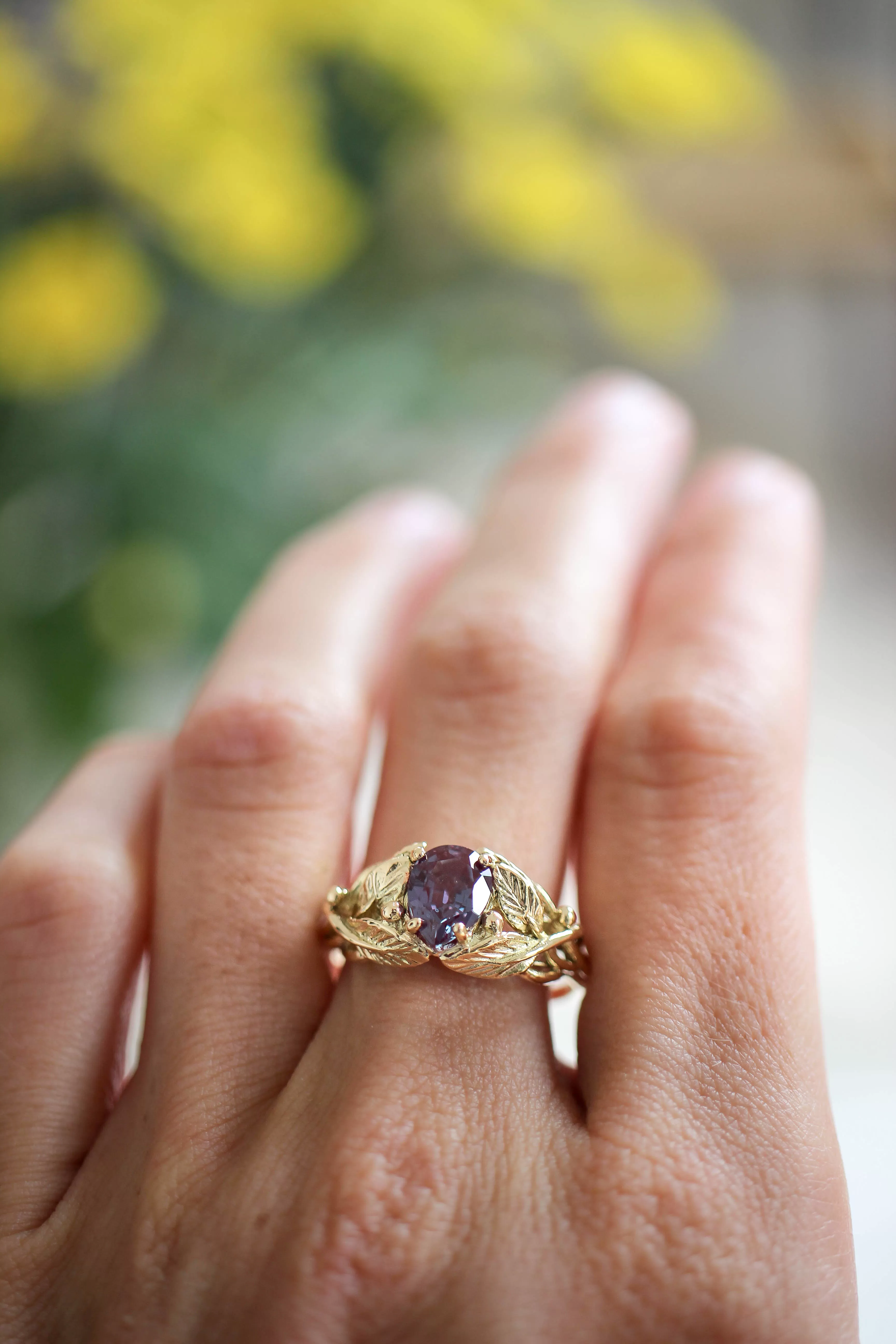 Pear cut Alexandrite engagement ring, leaves ring / Viola