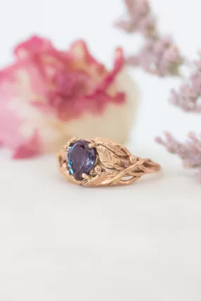 Pear cut Alexandrite engagement ring, leaves ring / Viola