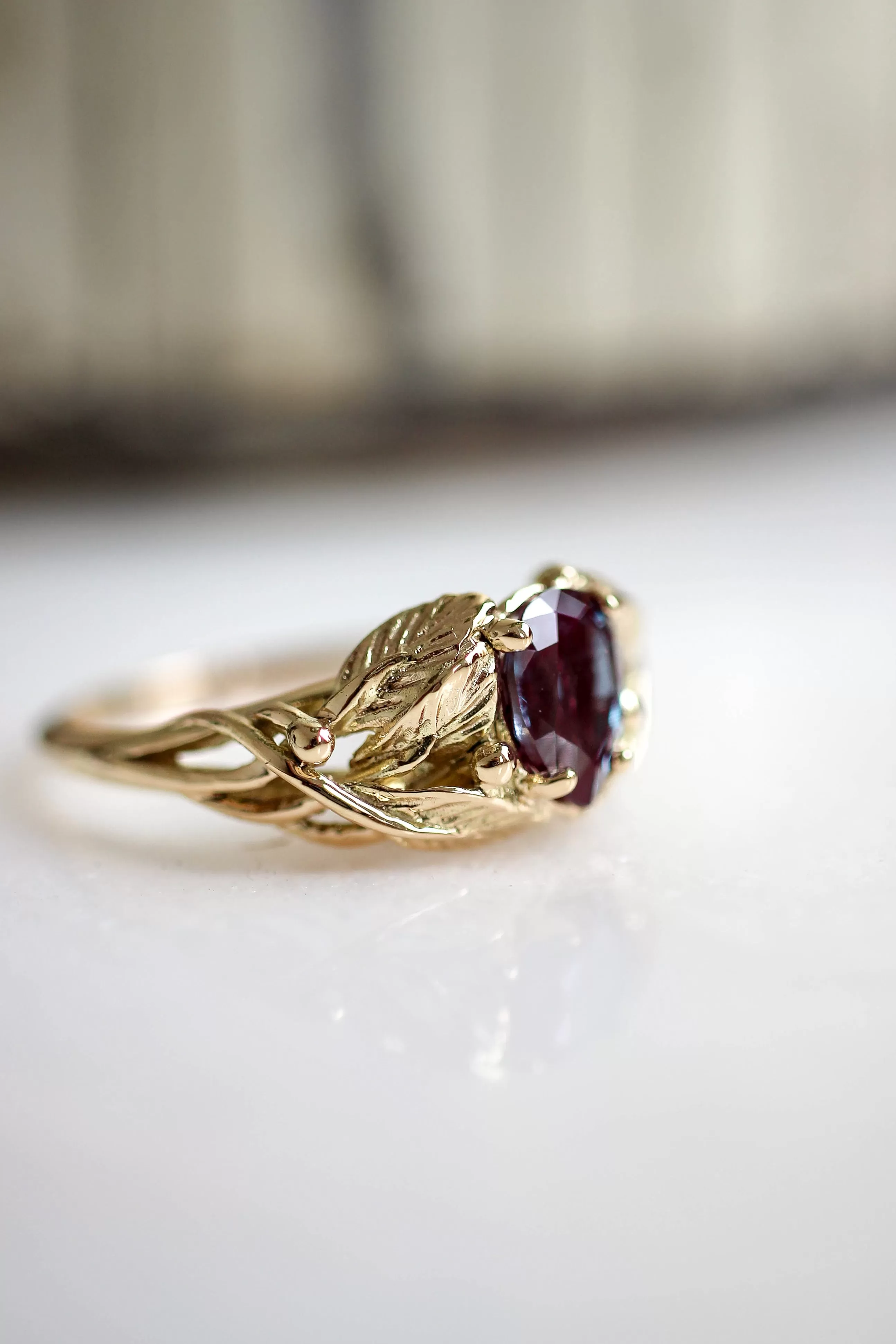 Pear cut Alexandrite engagement ring, leaves ring / Viola