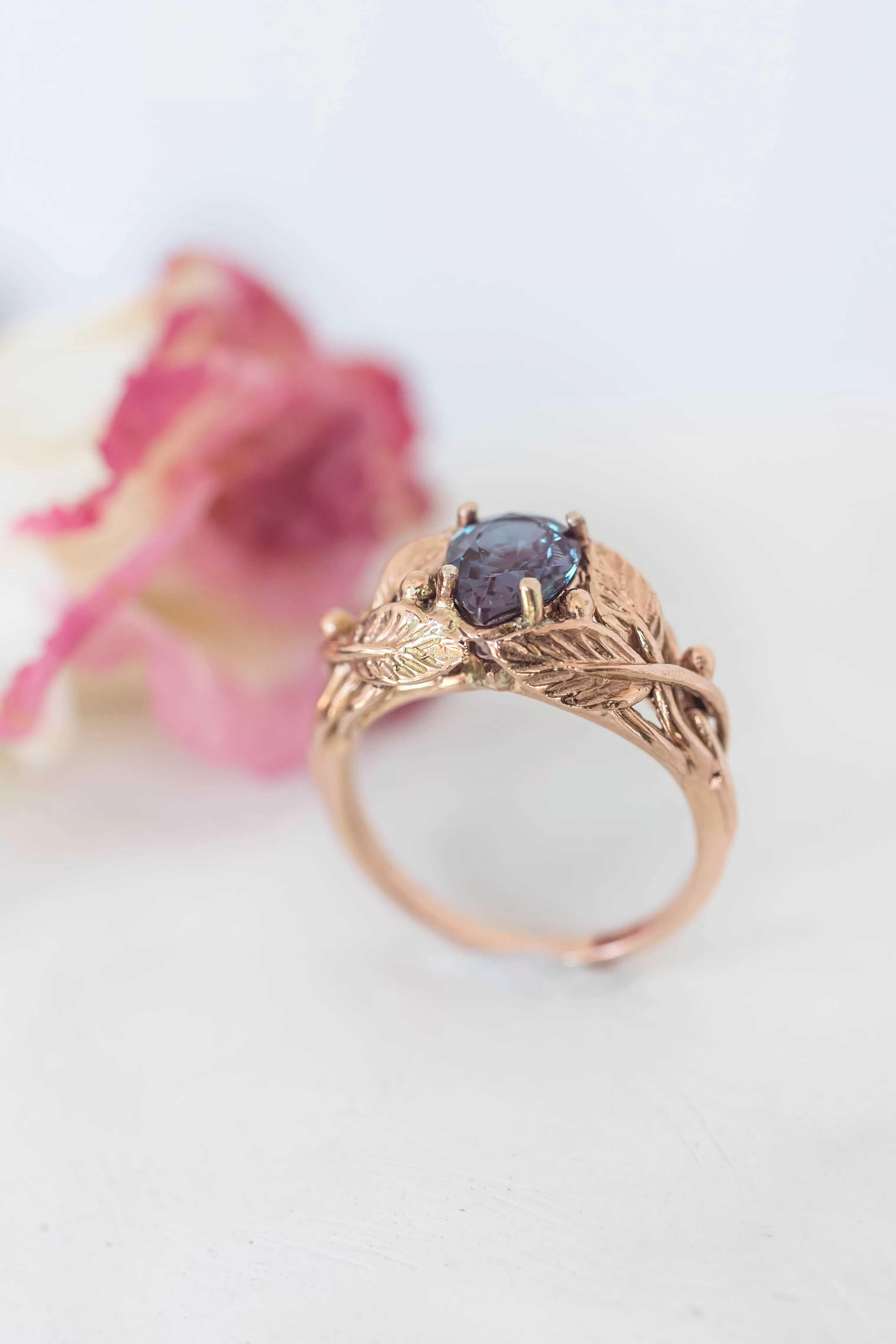 Pear cut Alexandrite engagement ring, leaves ring / Viola