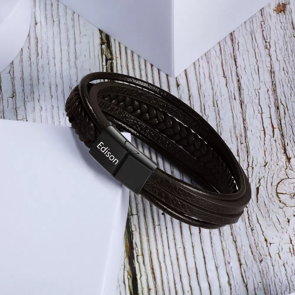 Personalized Braided Leather Engraved Name Men Bracelet