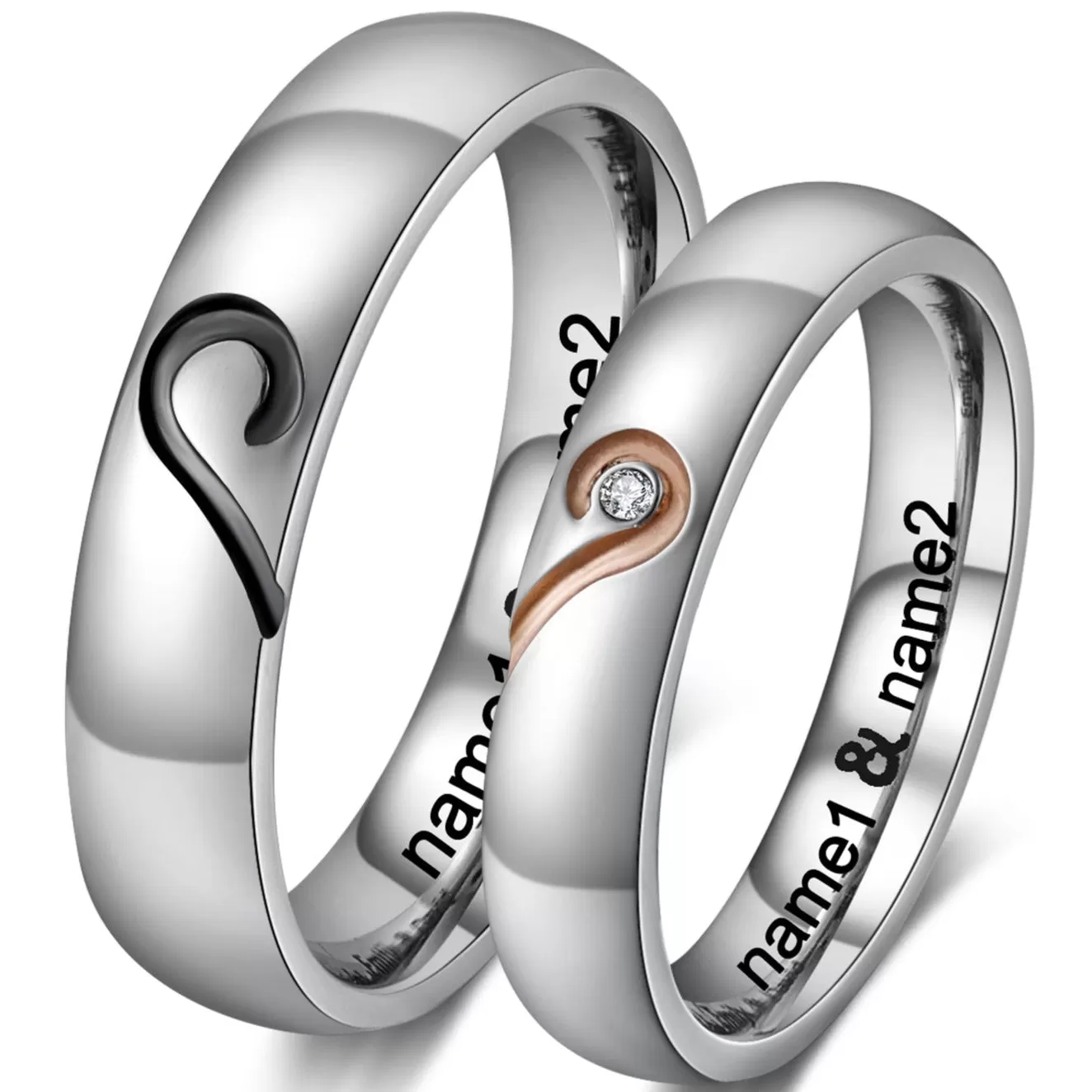 Personalized His and Hers Promise or Wedding Ring Set Matching Hearts Couples Rings