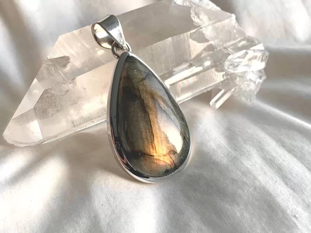 Pink/Gold Labradorite Naevia Pendant - Large Drop