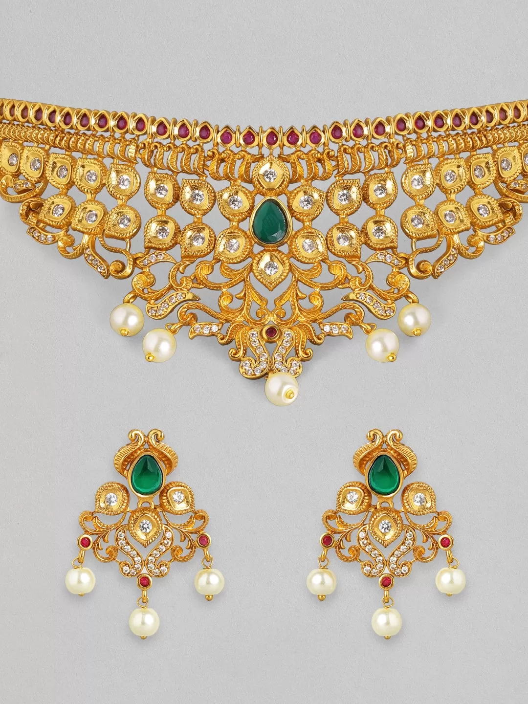 Rubans 24K Gold Plated Handcrafted Faux Emerald Traditional Choker Set