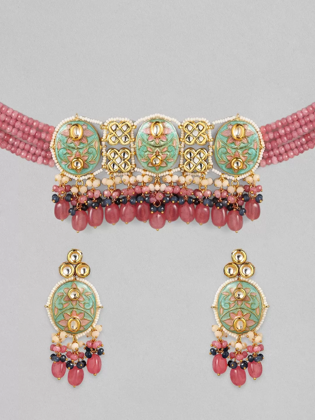 Rubans Luxury 24K Gold-Plated & Green Enamel And Kundan Stone Beaded Handcrafted Jewellery Set