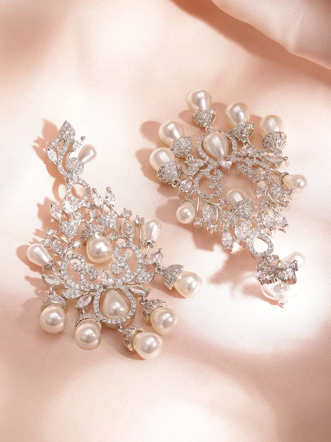 Rubans Rose Gold Plated AD Studded Chandelier Earring with Pearl Drops