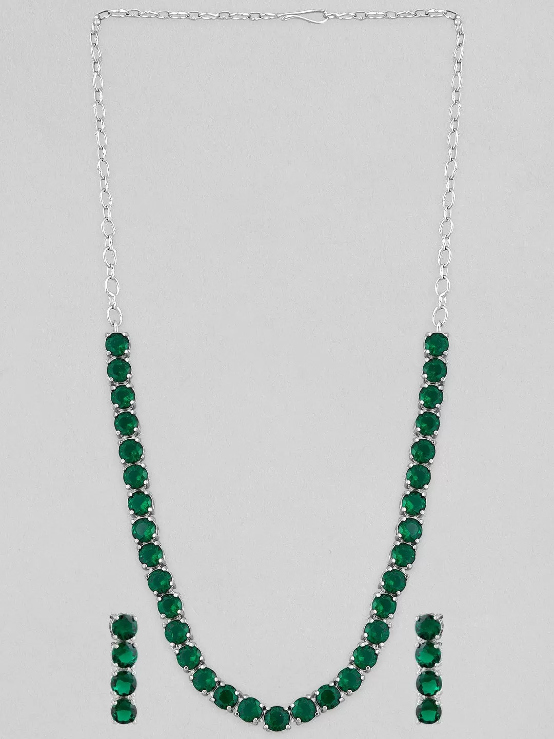 Rubans Silver-Plated & Green Stone-Studded Jewellery Set