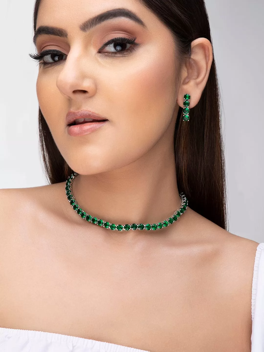 Rubans Silver-Plated & Green Stone-Studded Jewellery Set