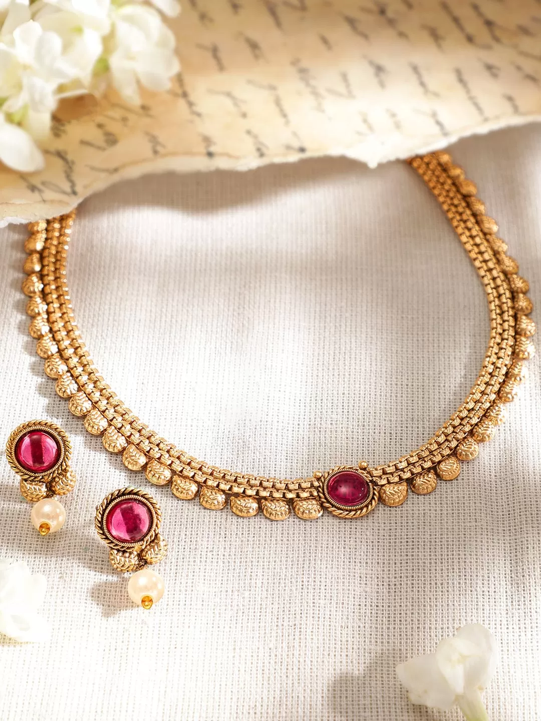 Rubans Traditional Gold Plated Pink Stone Studded Necklace Set