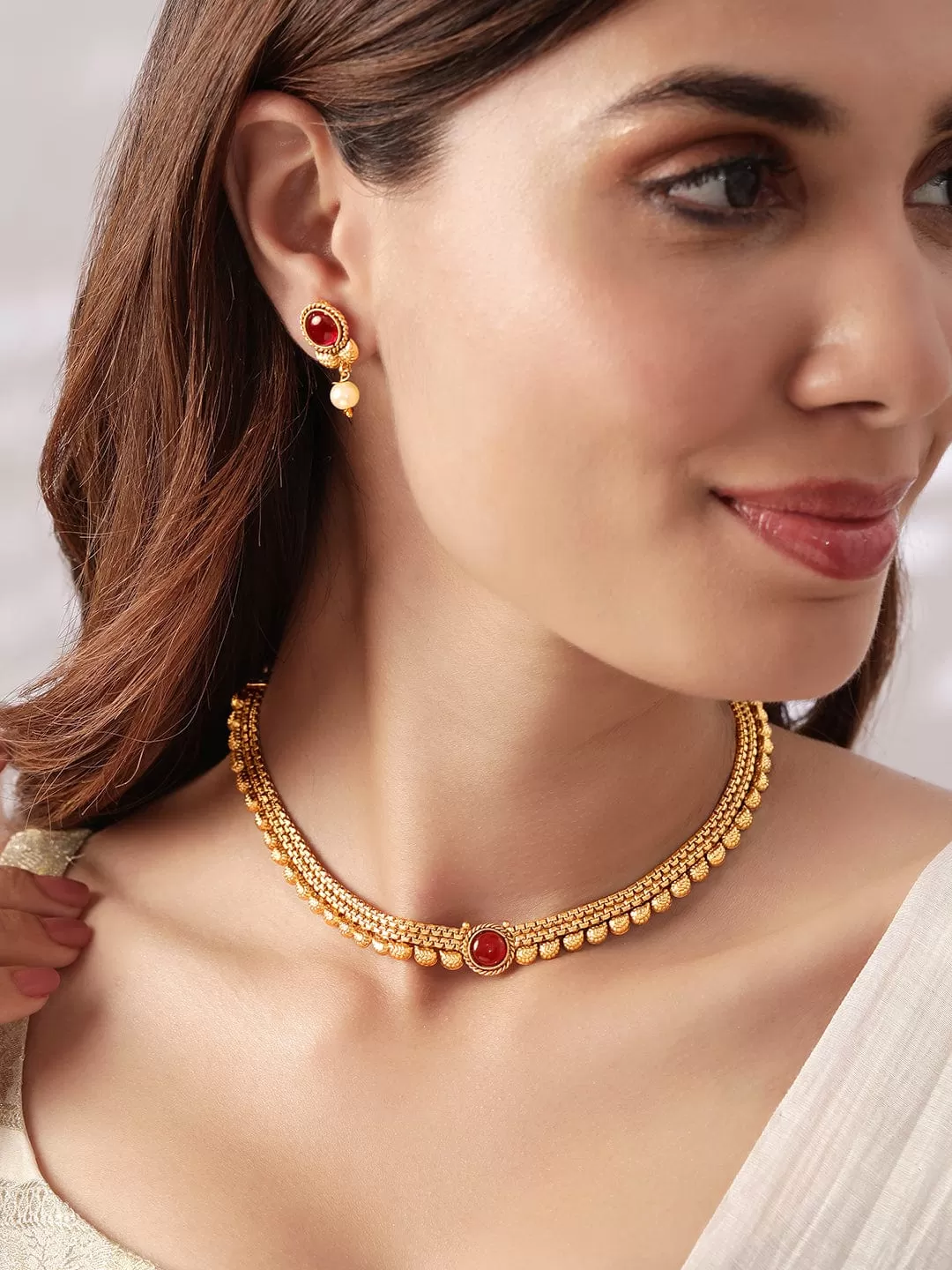 Rubans Traditional Gold Plated Pink Stone Studded Necklace Set