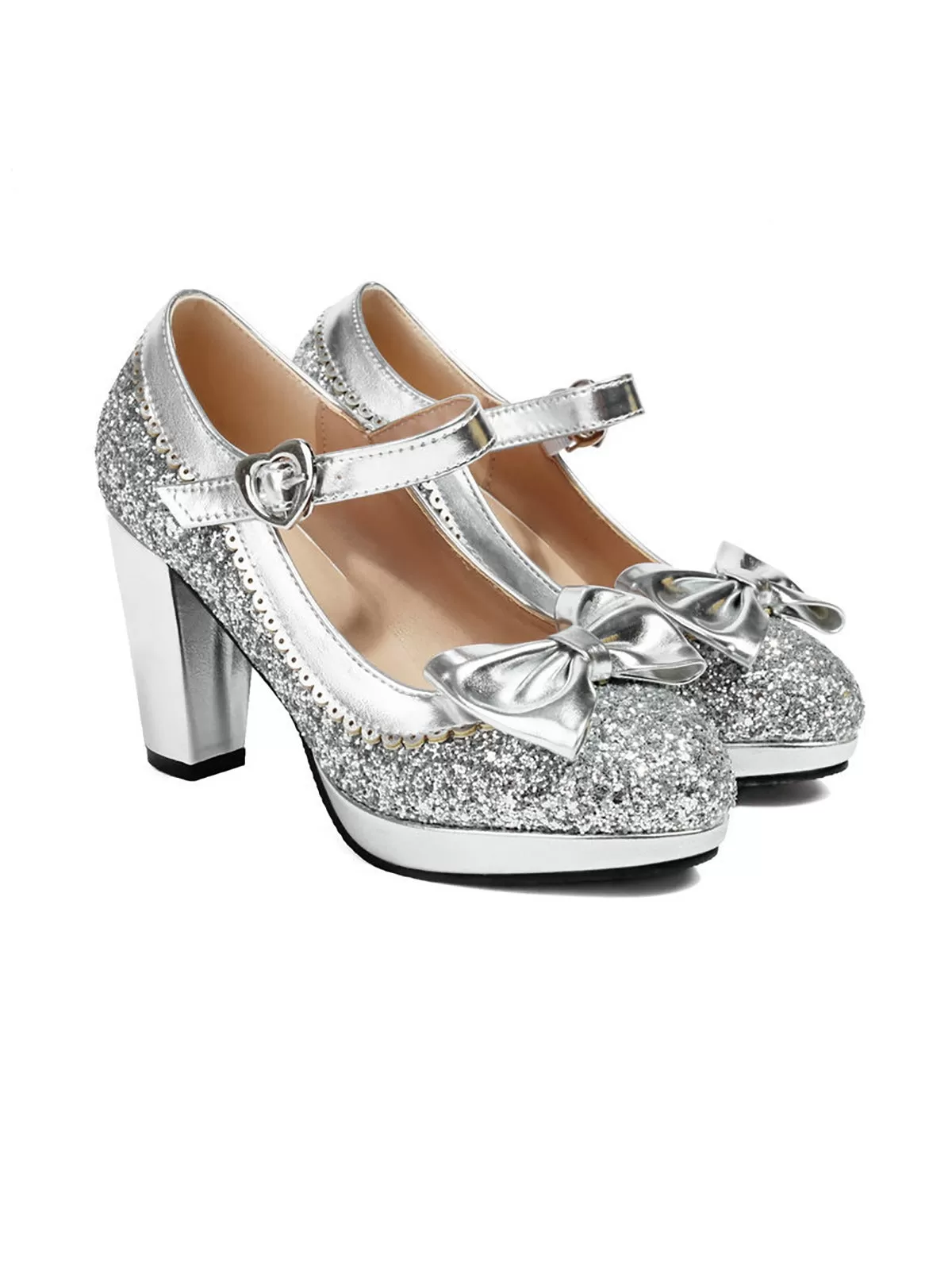 Sequined Bow Chunky High Heels