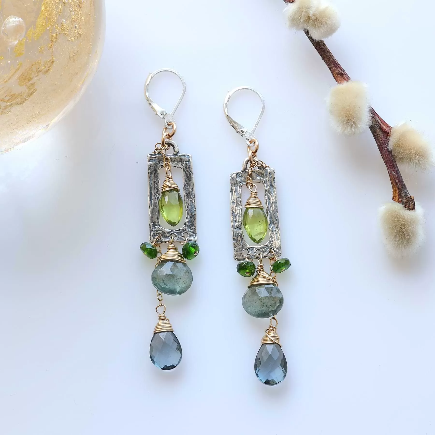 Sequoia - Peridot, Aquamarine, and Quartz Earrings