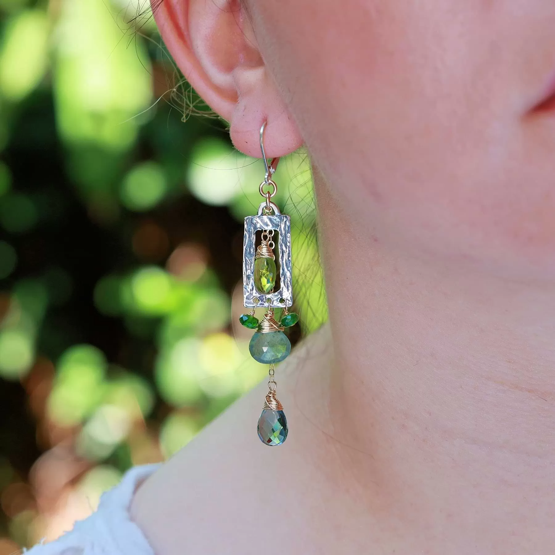 Sequoia - Peridot, Aquamarine, and Quartz Earrings