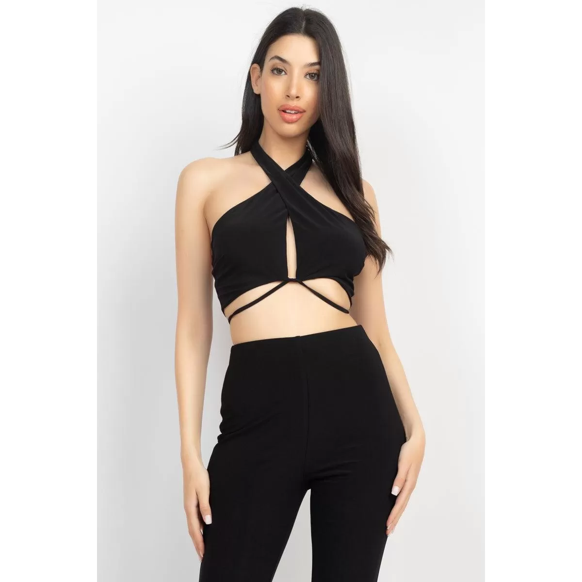 Solid Halter Top And Elastic Leggings Set