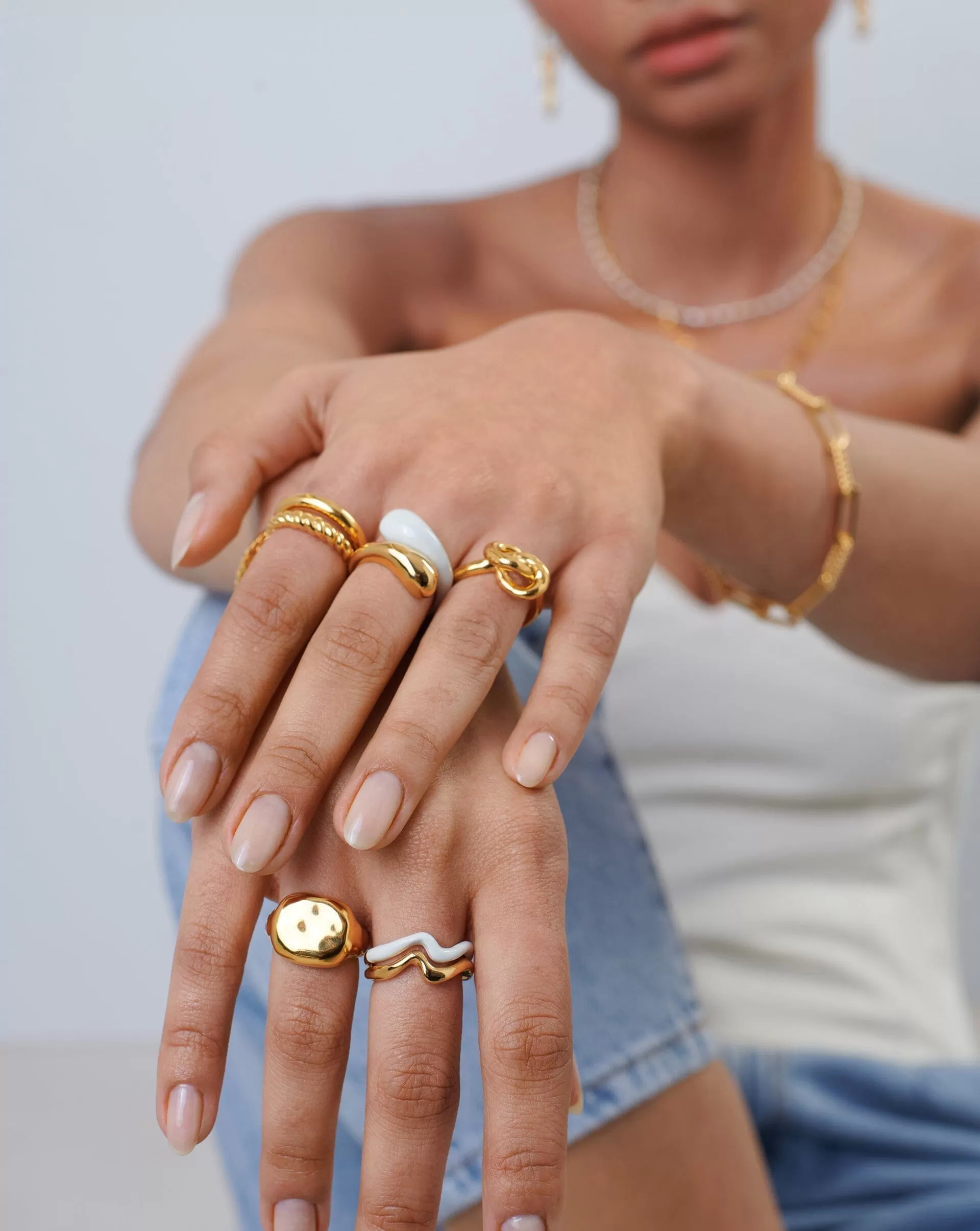 Squiggle Curve Two Tone Enamel Stacking Ring | 18ct Gold Plated Vermeil/Bright White