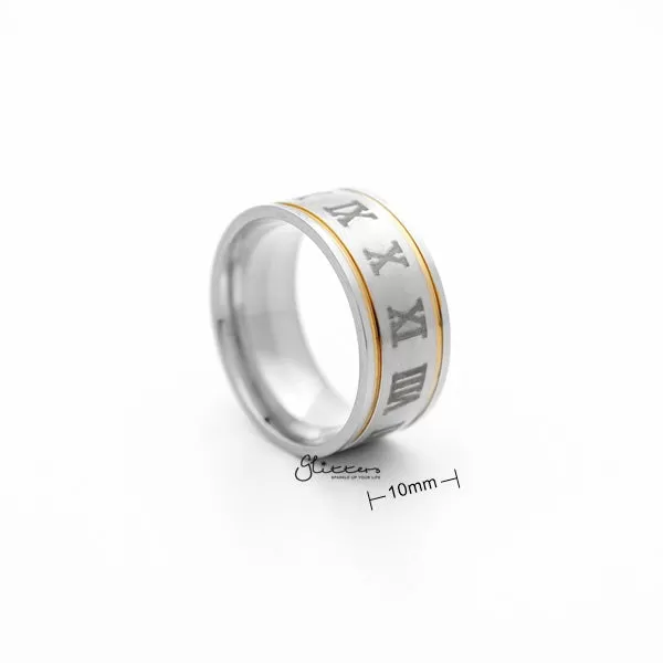 Stainless Steel 10mm Wide Roman numerals Center Band Ring