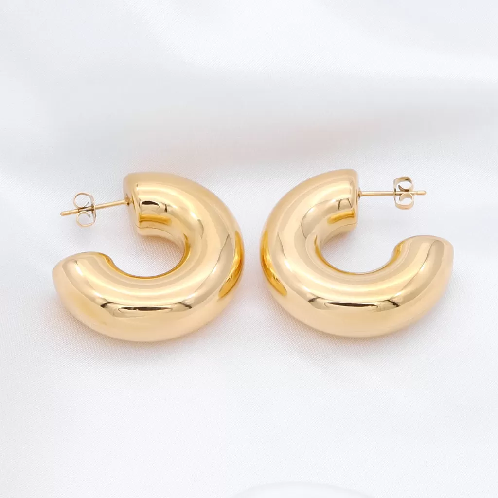 Stainless Steel Chunky Hoop Earrings - Gold