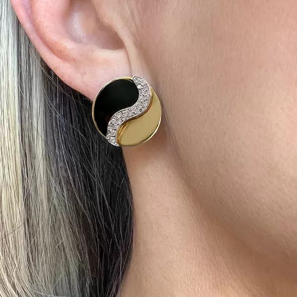 Vintage Onyx & Diamond Yin Yang Earrings