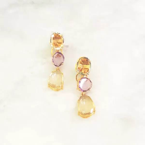 Whiskey Quartz Stud with Amethyst & Lemon Quartz Twinset Earrings