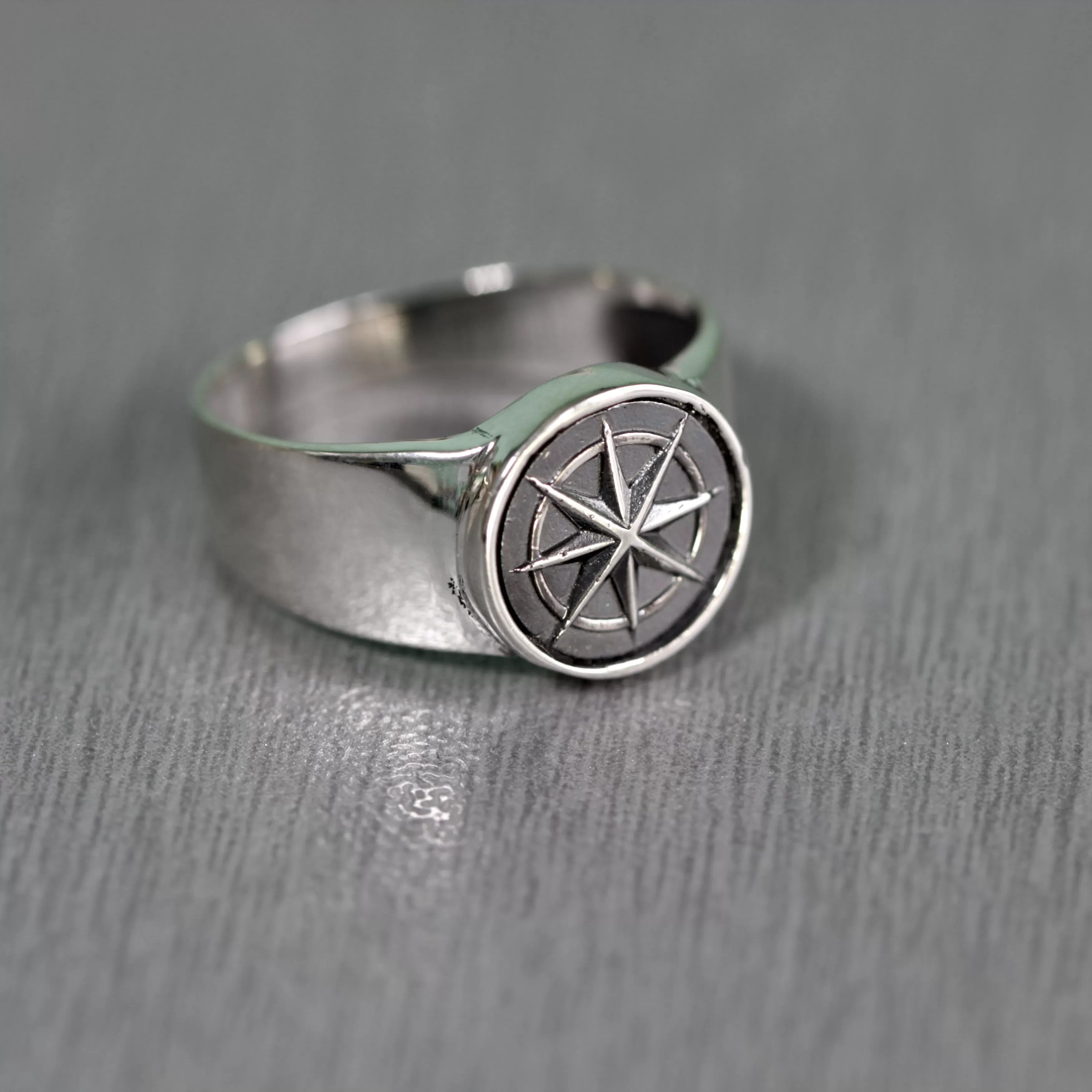 Windrose Ring Sea Compass Light Pinky Round Top Sterling Silver Signet