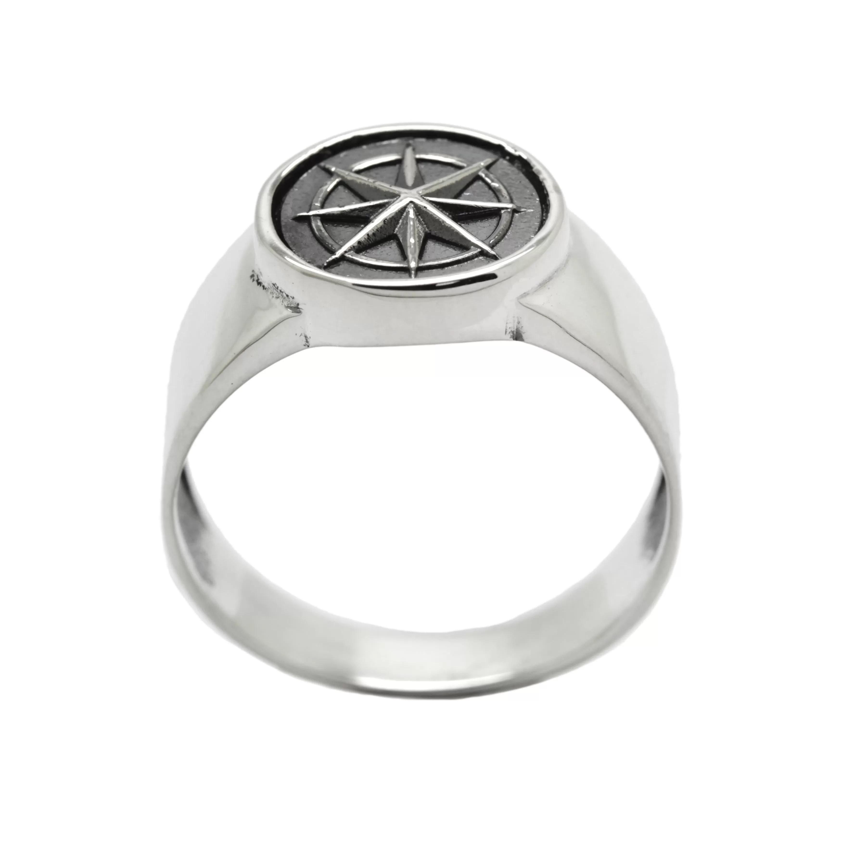 Windrose Ring Sea Compass Light Pinky Round Top Sterling Silver Signet